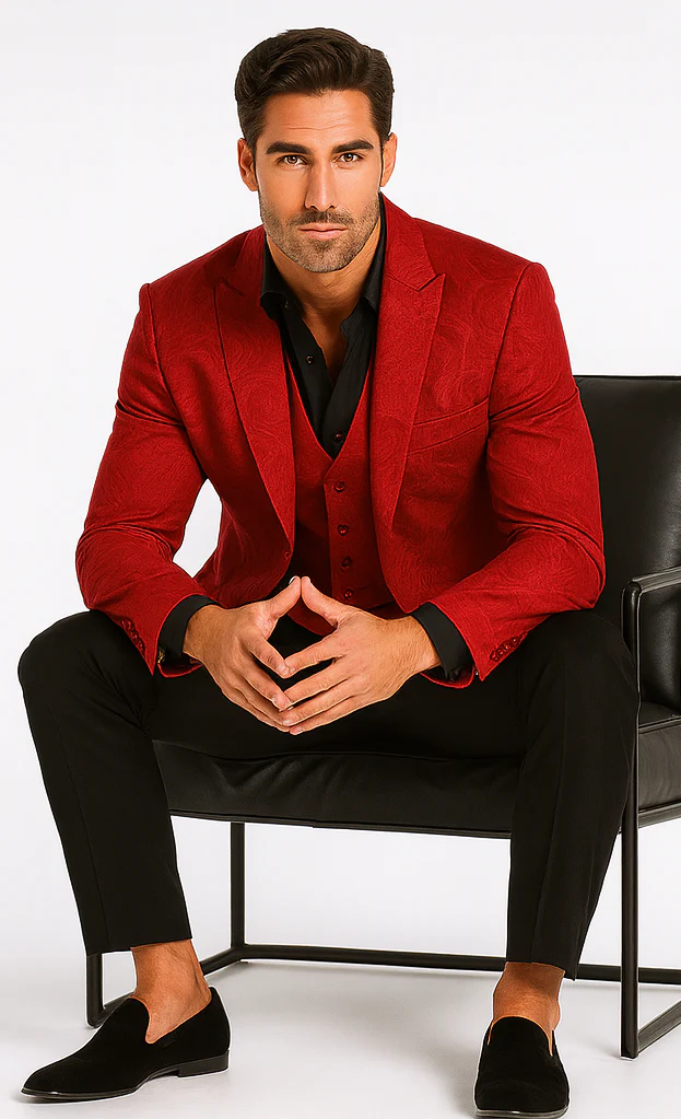 Velvet Paisley Blazer - Comes With Free Vest and Pants - Slim Fit - Red Chirstmad New Year Holiday Suit - Image 4