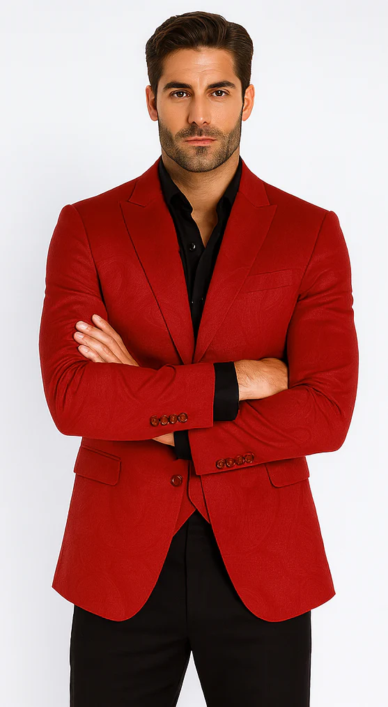 Velvet Paisley Blazer - Comes With Free Vest and Pants - Slim Fit - Red Chirstmad New Year Holiday Suit - Image 5