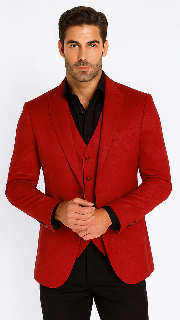 Velvet Paisley Blazer - Comes With Free Vest and Pants - Slim Fit - Red Chirstmad New Year Holiday Suit - Image 6