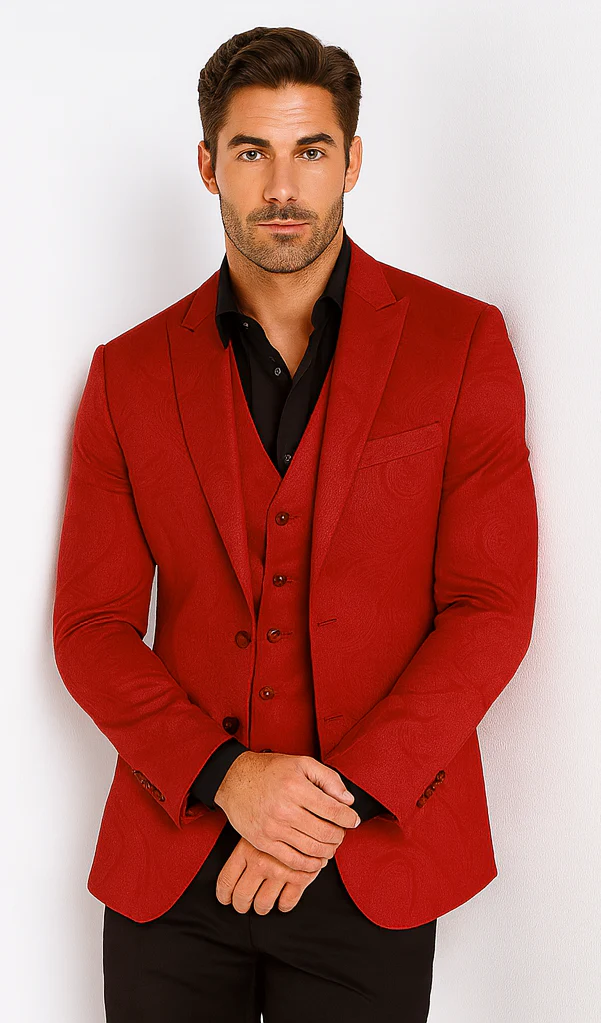 Velvet Paisley Blazer - Comes With Free Vest and Pants - Slim Fit - Red Chirstmad New Year Holiday Suit - Image 8