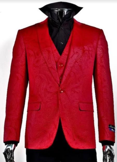 Velvet Paisley Blazer - Comes With Free Vest and Pants - Slim Fit - Red Chirstmad New Year Holiday Suit - Image 9