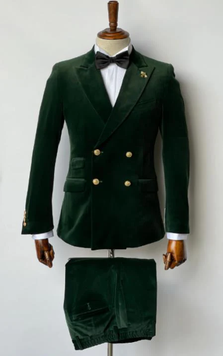 Mens Velvet Suit - Slim Fit Double Breasted Suit Blazer and Pants - Green - Image 10