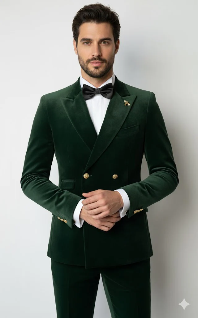 Mens Velvet Suit - Slim Fit Double Breasted Suit Blazer and Pants - Green - Image 5