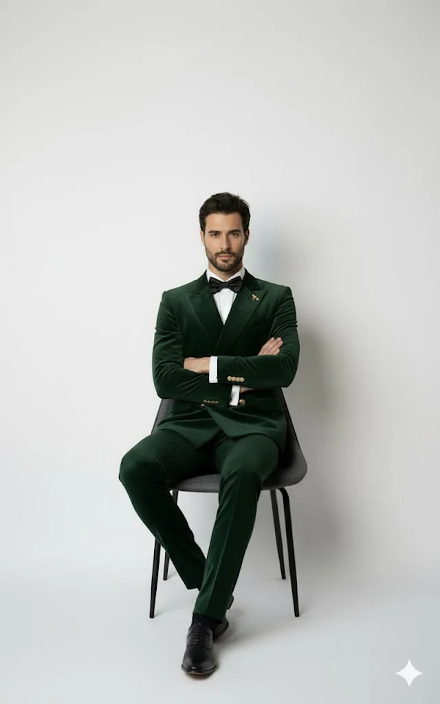 Mens Velvet Suit - Slim Fit Double Breasted Suit Blazer and Pants - Green - Image 6