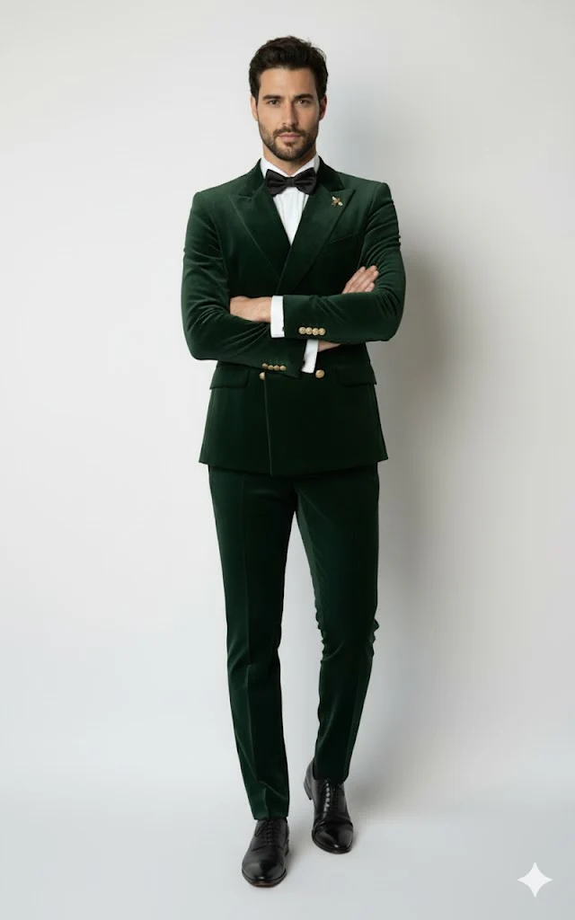 Mens Velvet Suit - Slim Fit Double Breasted Suit Blazer and Pants - Green - Image 7
