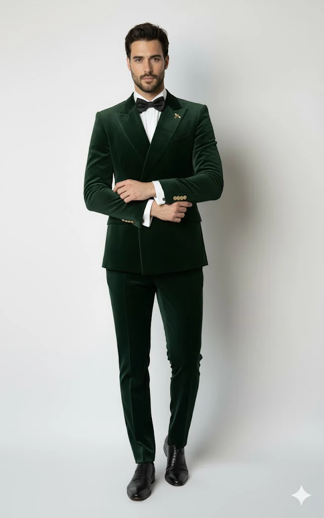 Mens Velvet Suit - Slim Fit Double Breasted Suit Blazer and Pants - Green - Image 8