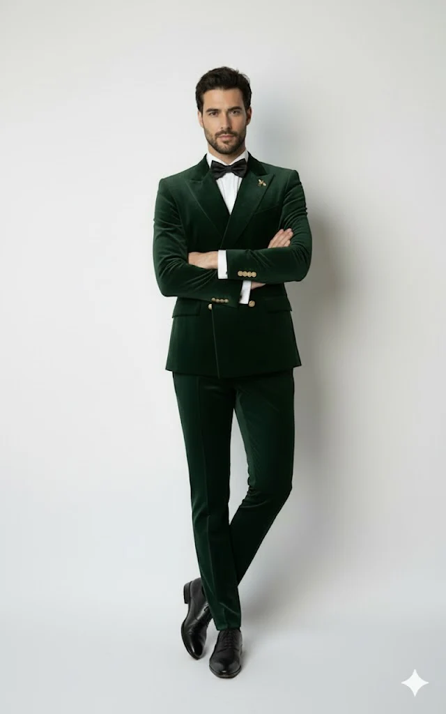 Mens Velvet Suit - Slim Fit Double Breasted Suit Blazer and Pants - Green - Image 9