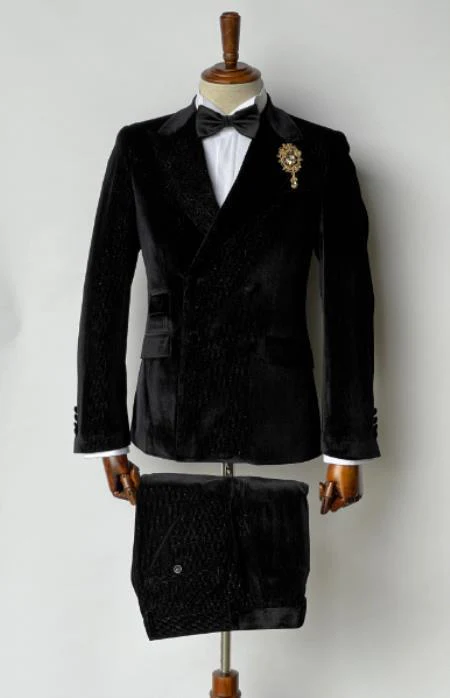 Mens Velvet Suit - Slim Fit Double Breasted Suit - Blazer and Pants Black