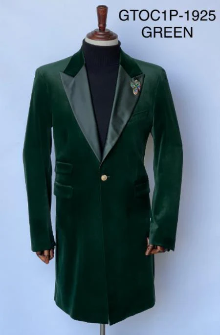 Mens Velvet Tuxedo 34 Inch Long Coat - Velvet Blazer - Three Quarter Green Dinner Jacket