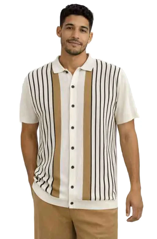 Mens Vertical Stripe Knit Polo Shirt – Beige and Cream Button-Up Casual Summer Shirt