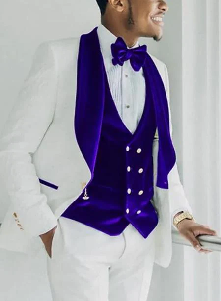Mens Vested Designer Wide Royal Blue Velvet Shawl Tuxedo in Ivory Paisley Designer Prom Tuxedos - Image 2