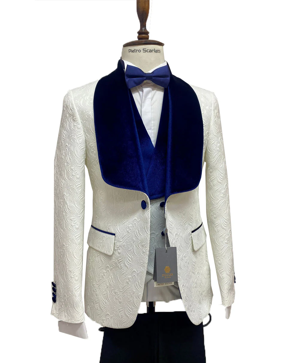 Royal Blue Velvet Shawl Tuxedo with Ivory Paisley Vest - Designer Tuxedos