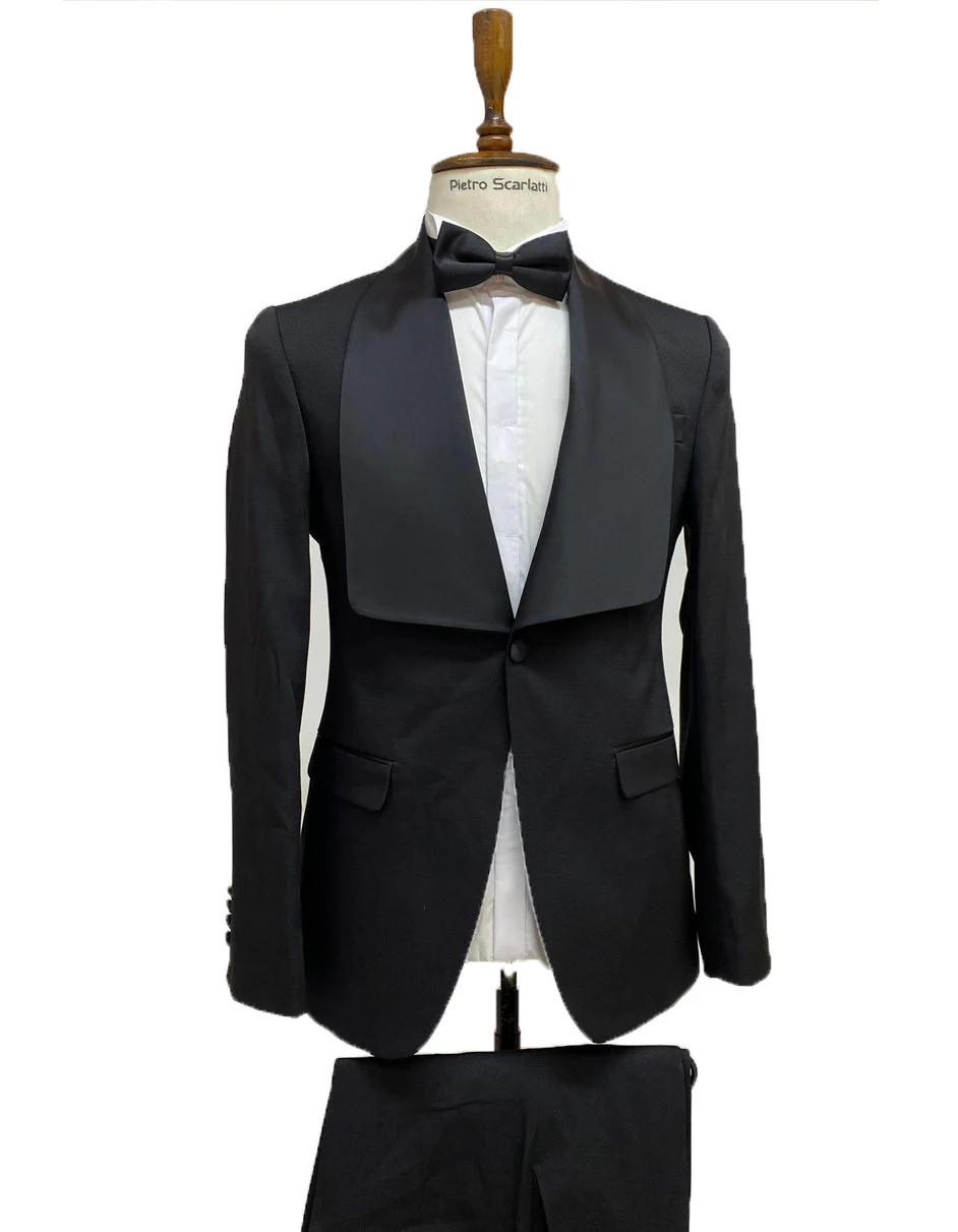 Men's Vested Designer Wide Square Shawl Tuxedo Black by Dingo