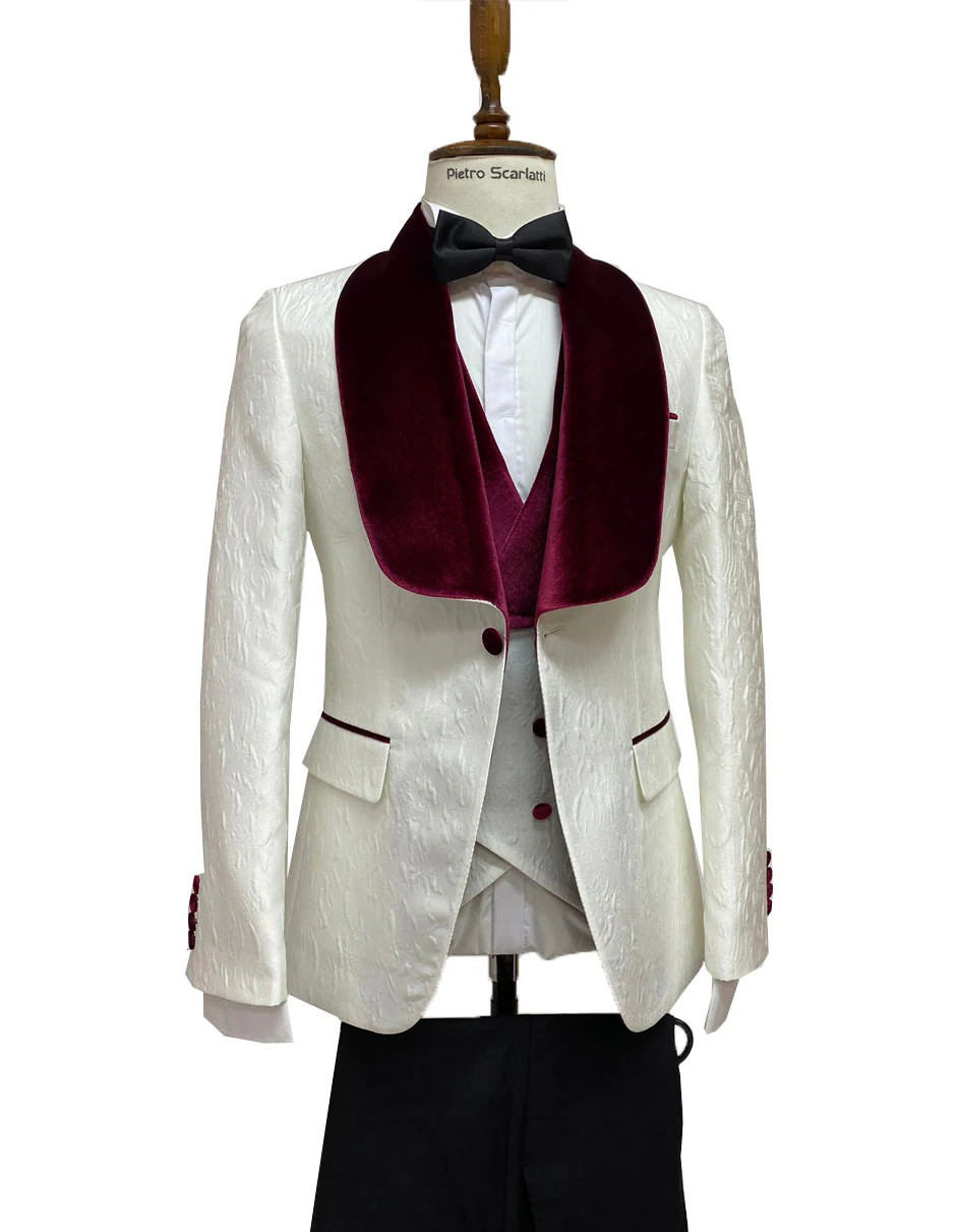 Ivory Paisley Velvet Shawl Tuxedo with Burgundy Lapel - Designer Tuxedos 2026