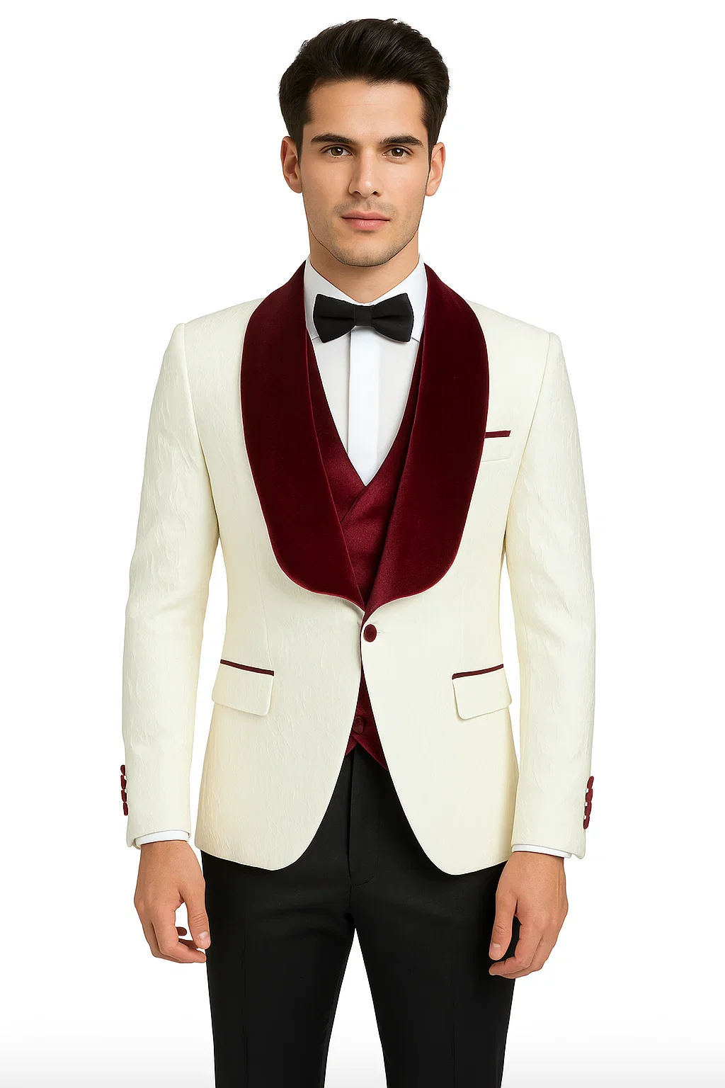 Mens Vested Designer Wide Velvet Wedding Tuxedo in Ivory - Image 3