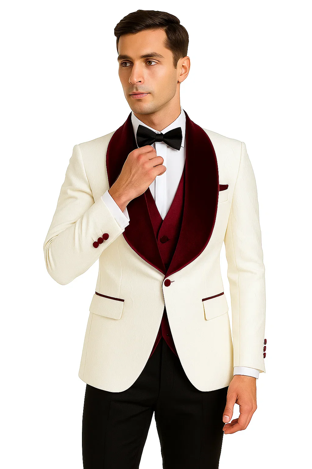 Mens Vested Designer Wide Velvet Wedding Tuxedo in Ivory - Image 4