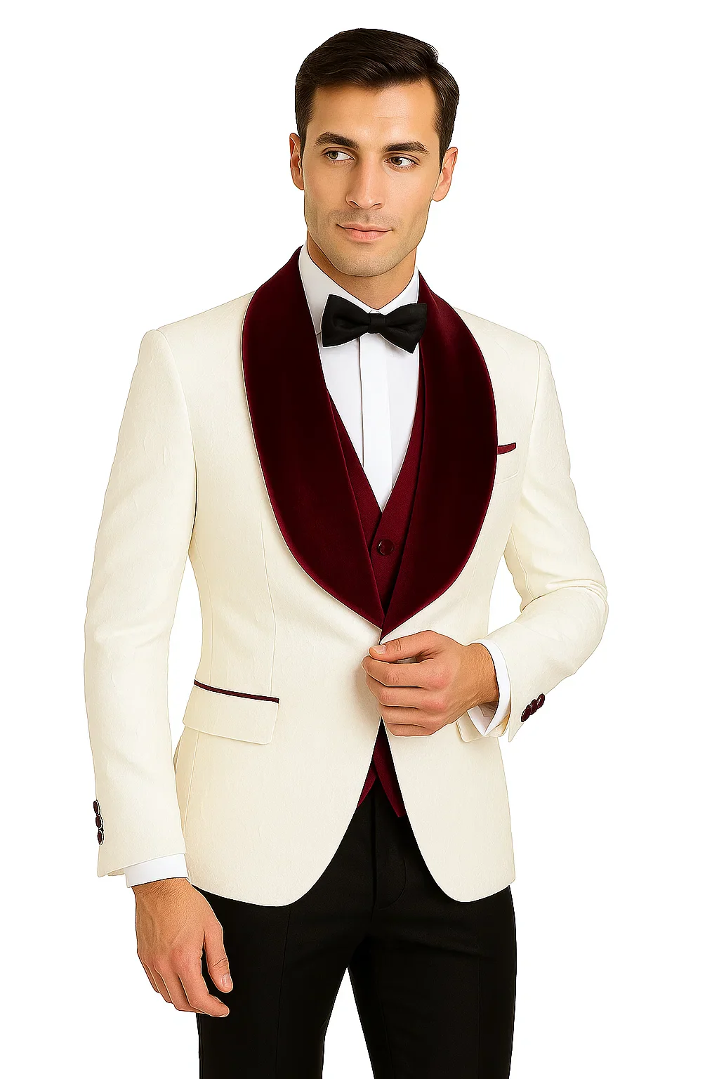 Mens Vested Designer Wide Velvet Wedding Tuxedo in Ivory - Image 5