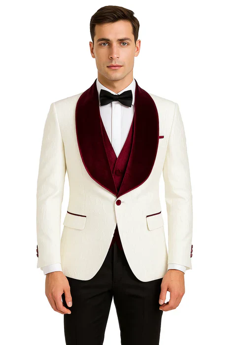 Mens Vested Designer Wide Velvet Wedding Tuxedo in Ivory - Image 6