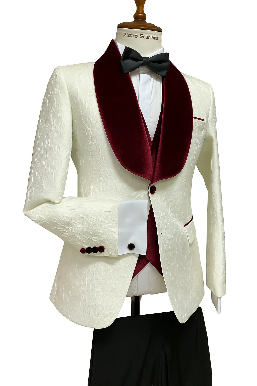 Mens Vested Designer Wide Velvet Wedding Tuxedo in Ivory - Image 7