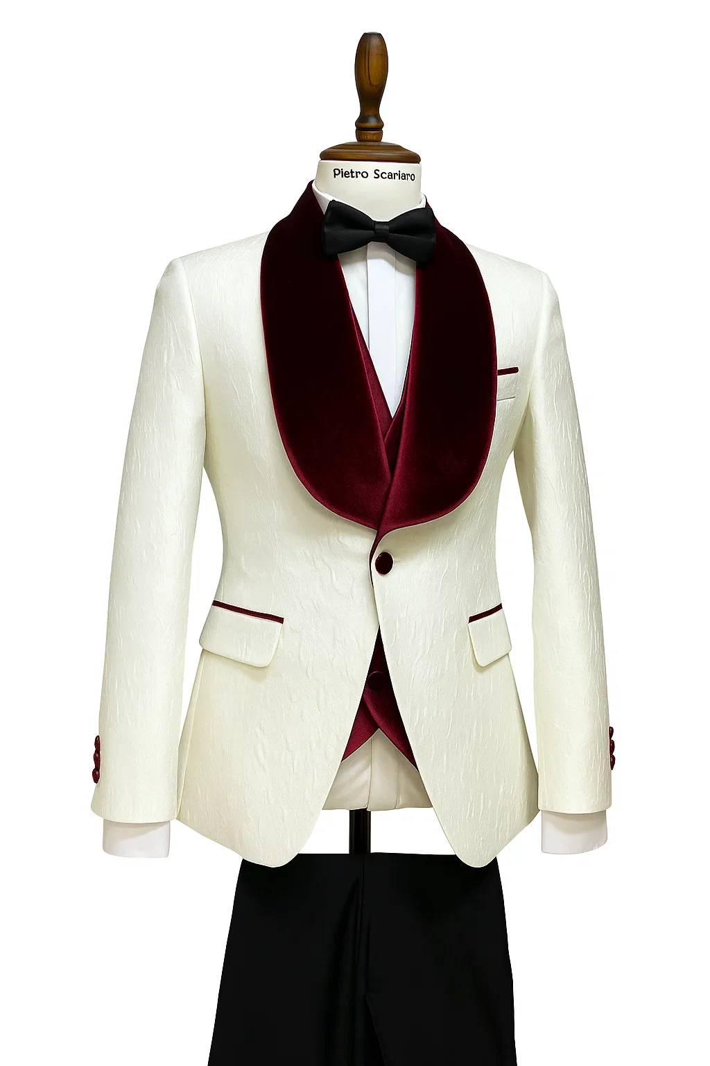 Mens Vested Designer Wide Velvet Wedding Tuxedo in Ivory - Image 8