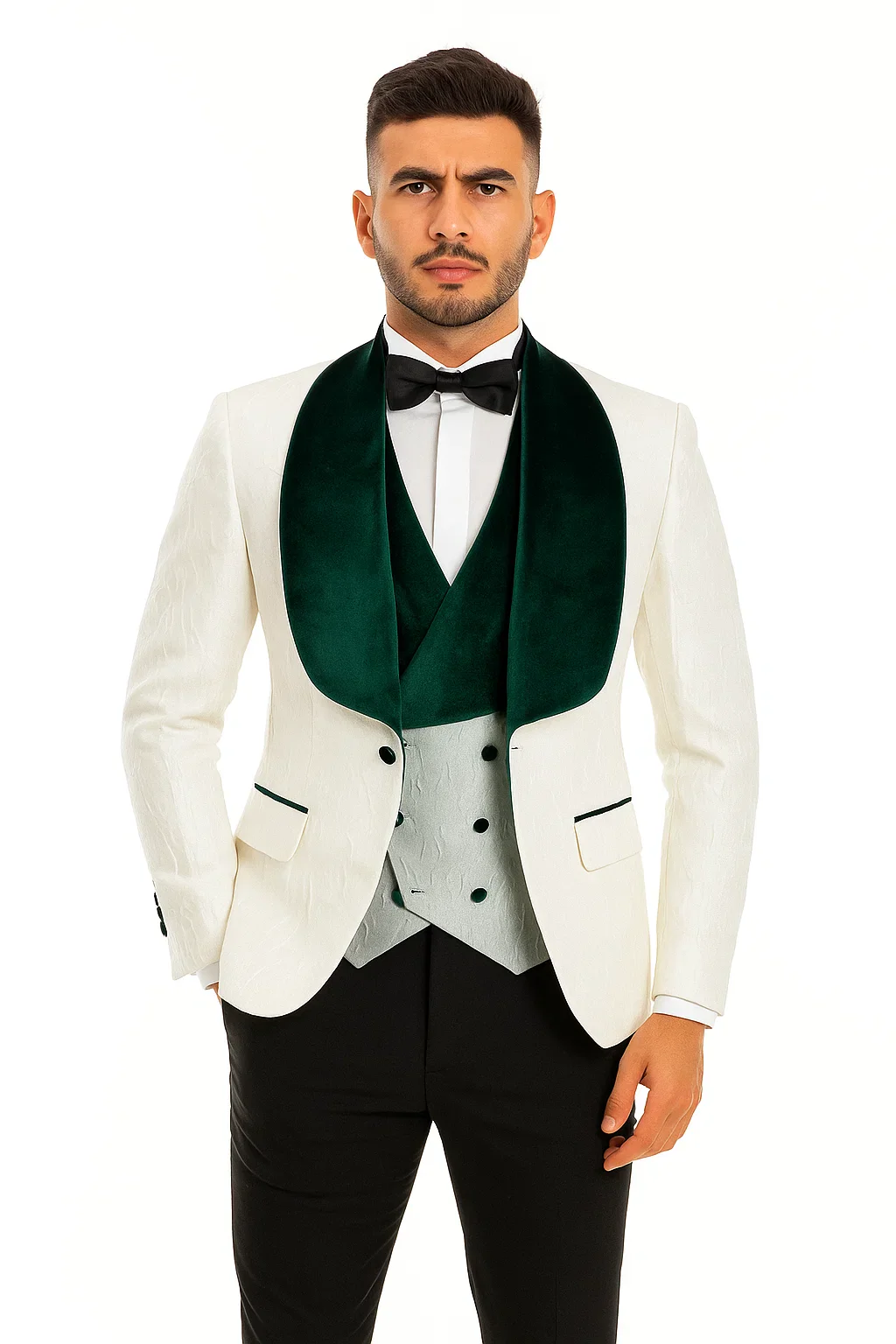 Mens Vested Designer Wide Velvet Wedding Tuxedo in Ivory and Hunter Green - Image 3