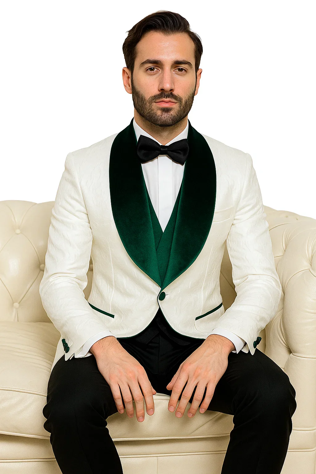 Mens Vested Designer Wide Velvet Wedding Tuxedo in Ivory and Hunter Green - Image 4