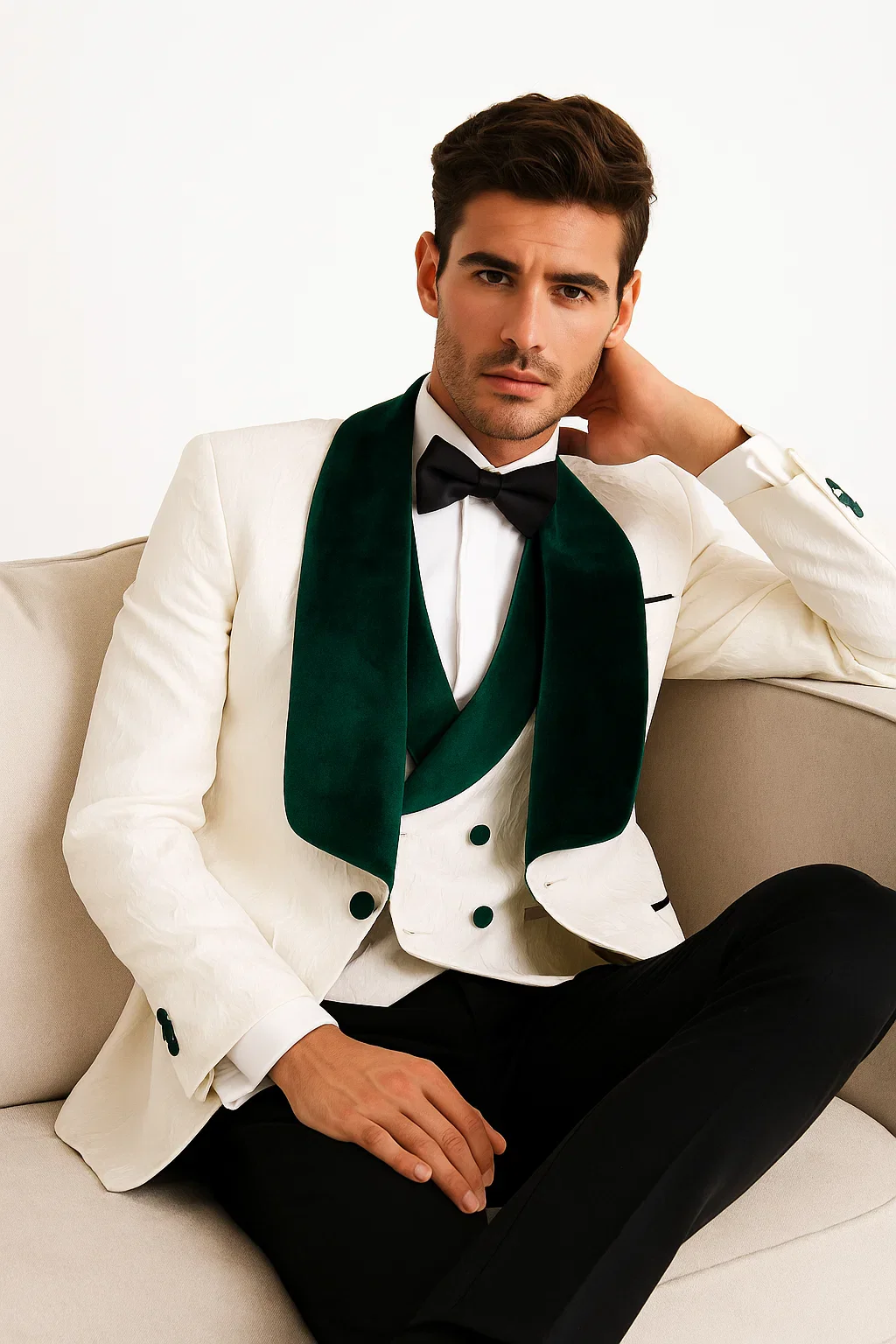 Mens Vested Designer Wide Velvet Wedding Tuxedo in Ivory and Hunter Green - Image 5