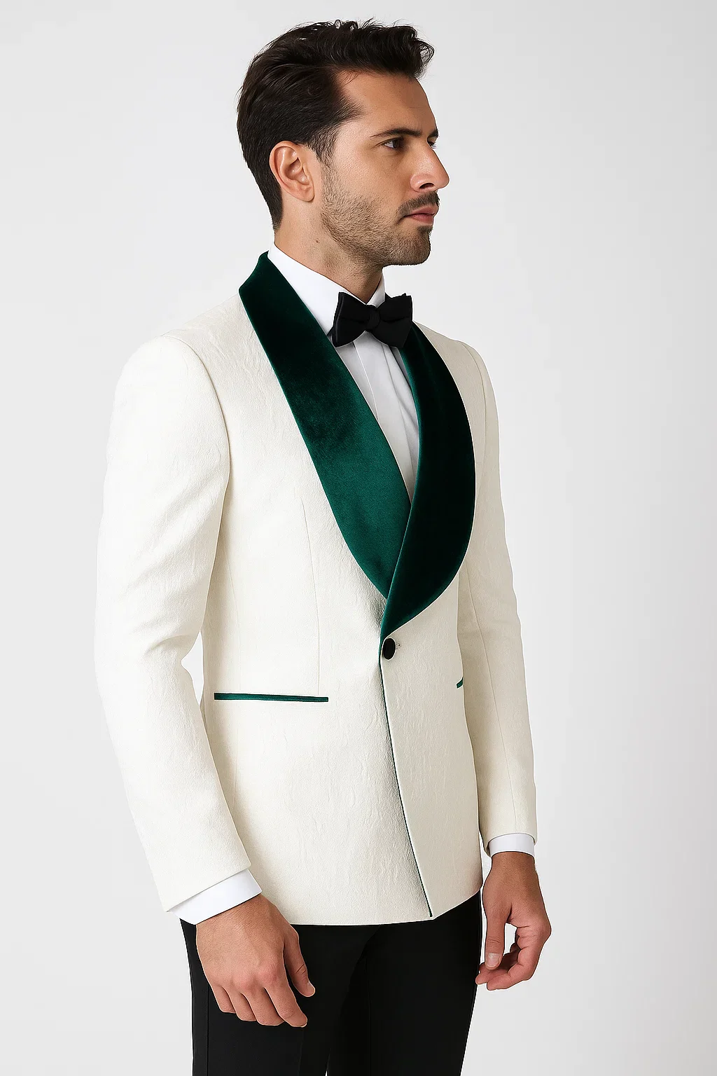 Mens Vested Designer Wide Velvet Wedding Tuxedo in Ivory and Hunter Green - Image 6