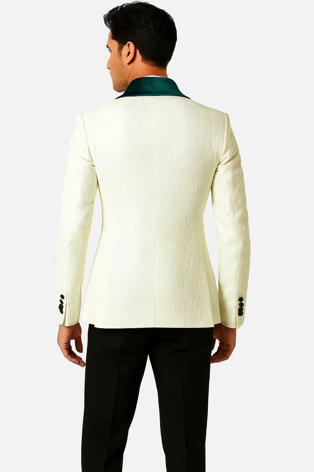 Mens Vested Designer Wide Velvet Wedding Tuxedo in Ivory and Hunter Green - Image 7