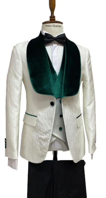 Mens Vested Designer Wide Velvet Wedding Tuxedo in Ivory and Hunter Green - Image 8