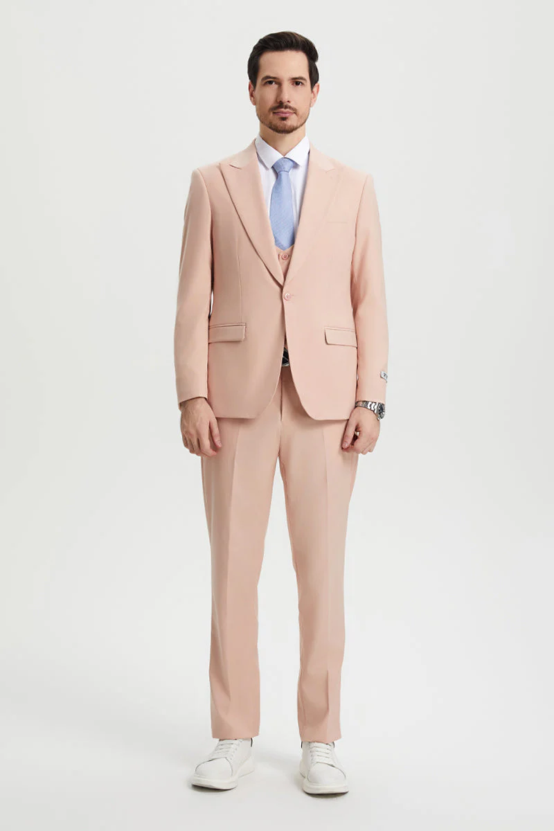 Men's Vested One Button Peak Lapel Stacy Adams Designer Suit in Blush Pink - Image 2
