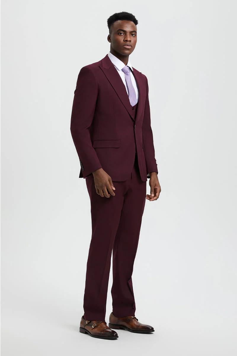 Men's Vested One Button Peak Lapel Stacy Adams Designer Suit in Burgundy - Image 3