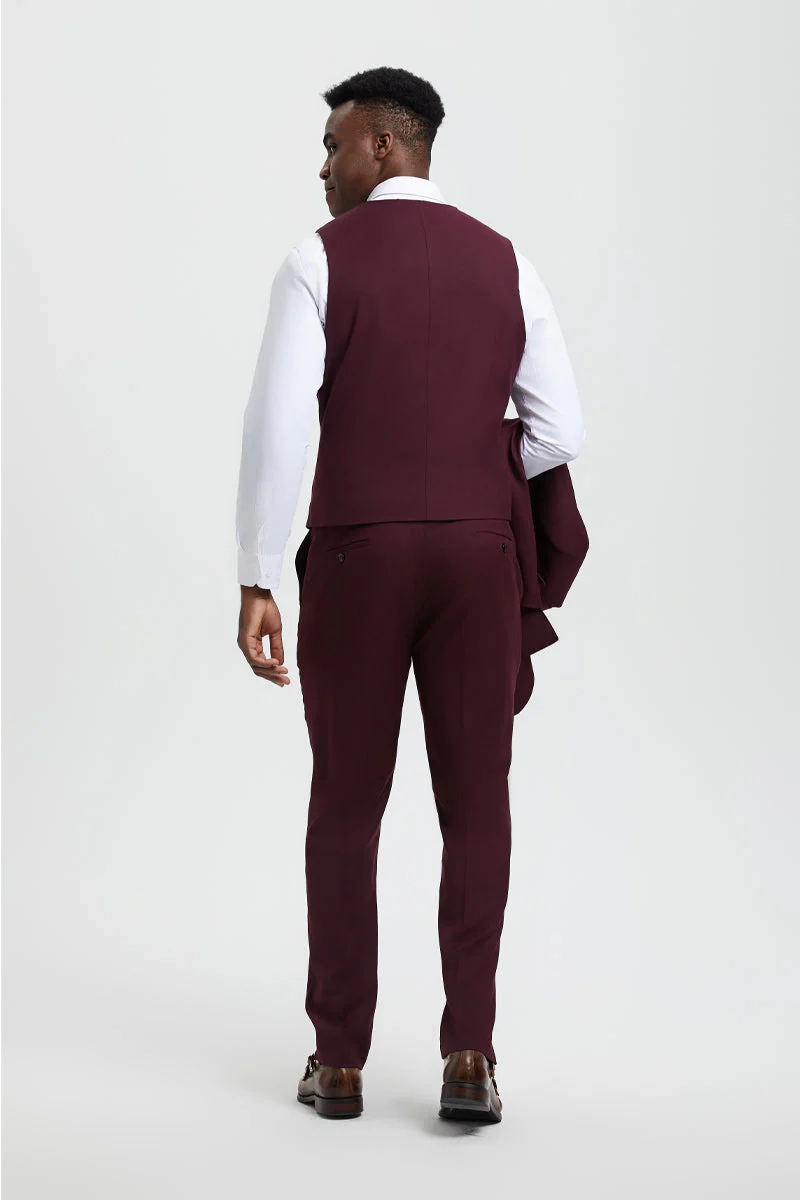 Men's Vested One Button Peak Lapel Stacy Adams Designer Suit in Burgundy - Image 4