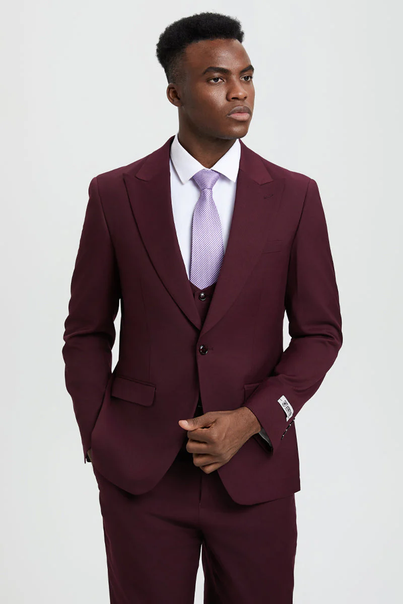 Men's Vested One Button Peak Lapel Stacy Adams Designer Suit in Burgundy - Image 5