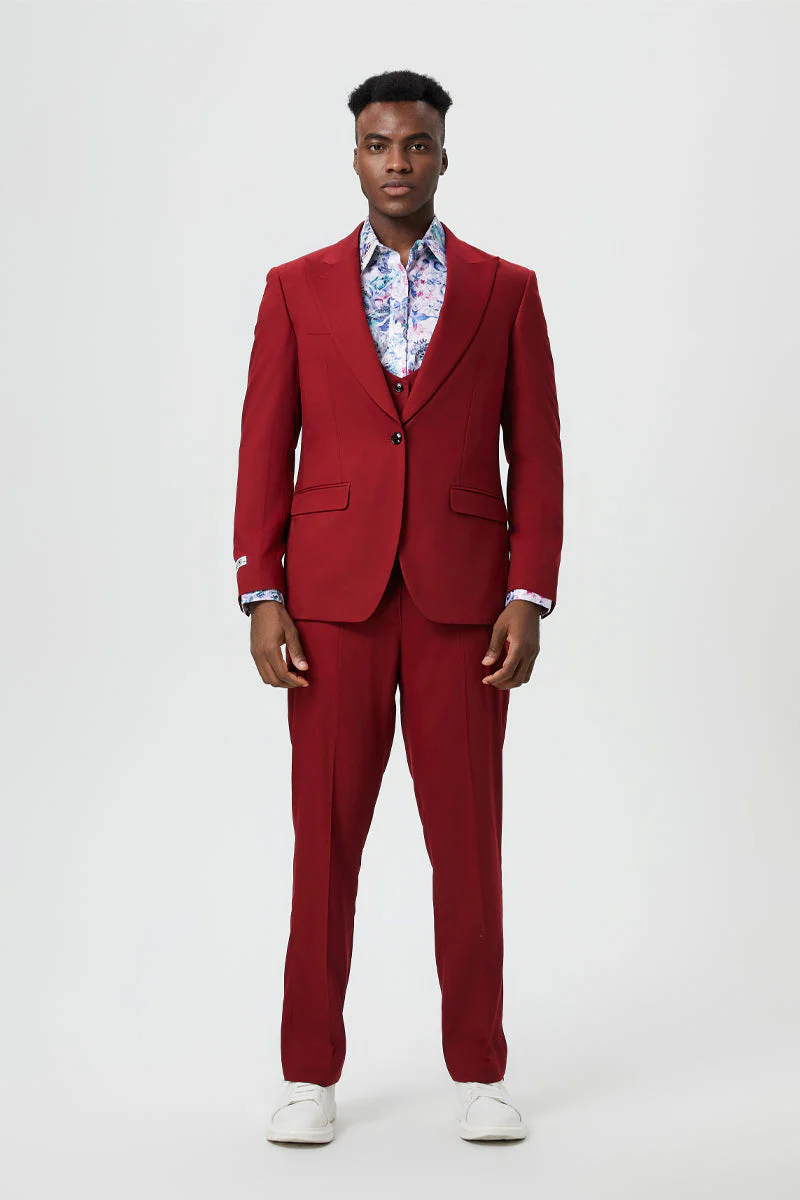 Men's Vested One Button Peak Lapel Stacy Adams Designer Suit in Cherry Red - Image 2