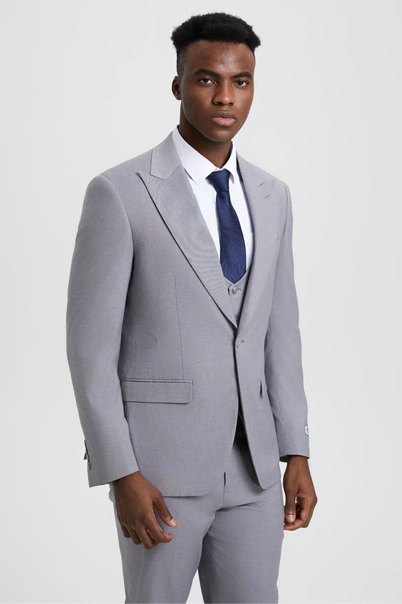 Men's Vested One Button Peak Lapel Stacy Adams Designer Suit in Light Grey - Image 5