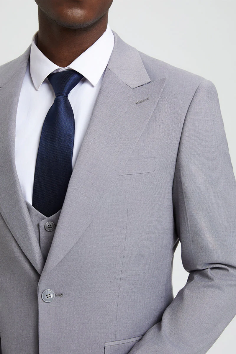 Men's Vested One Button Peak Lapel Stacy Adams Designer Suit in Light Grey - Image 6
