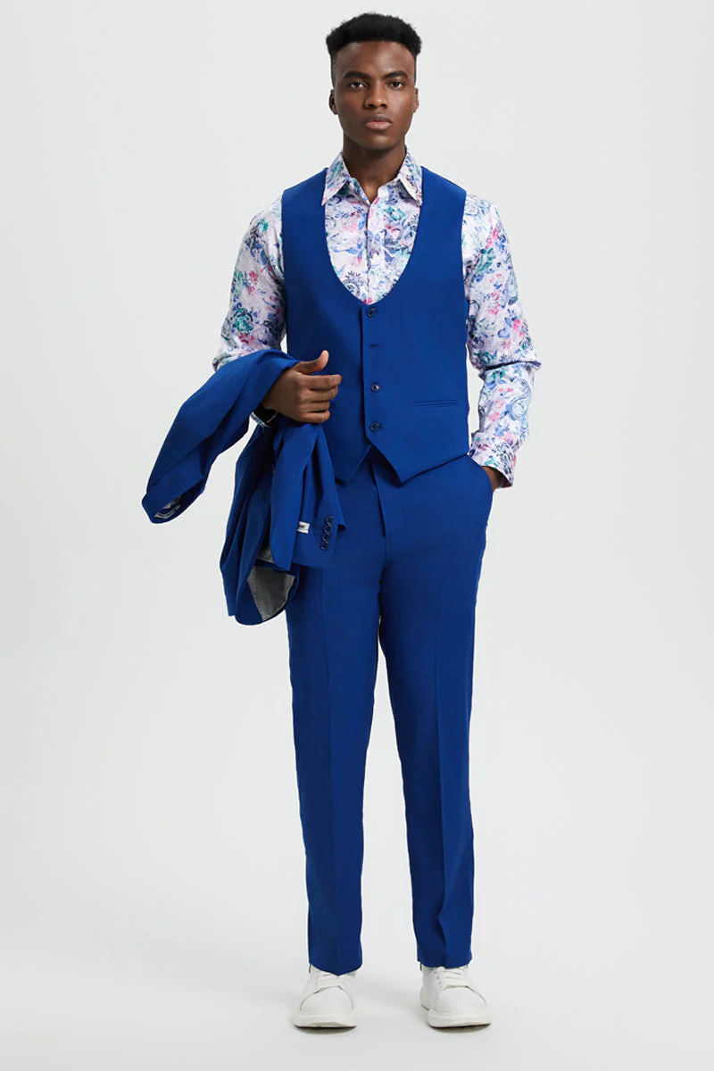 Men's Vested One Button Peak Lapel Stacy Adams Suit in Indigo Blue - Image 4