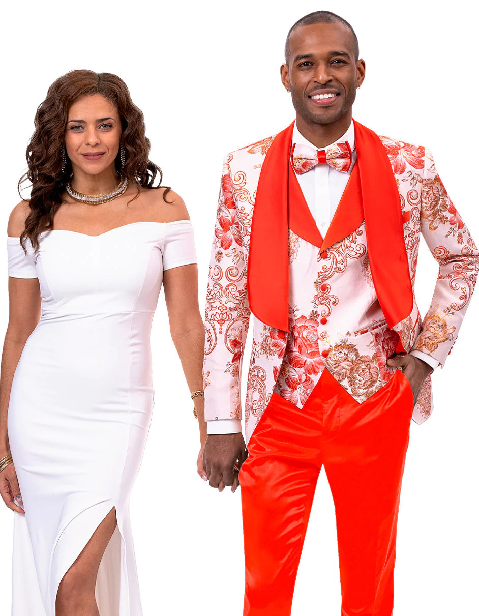EJ Samuel Men's Paisley Peach & Orange Vested Tuxedo