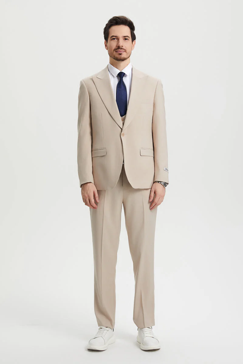 Men's Vested One Button Peak Lapel Stacy Adams Designer Suit in Tan - Image 2