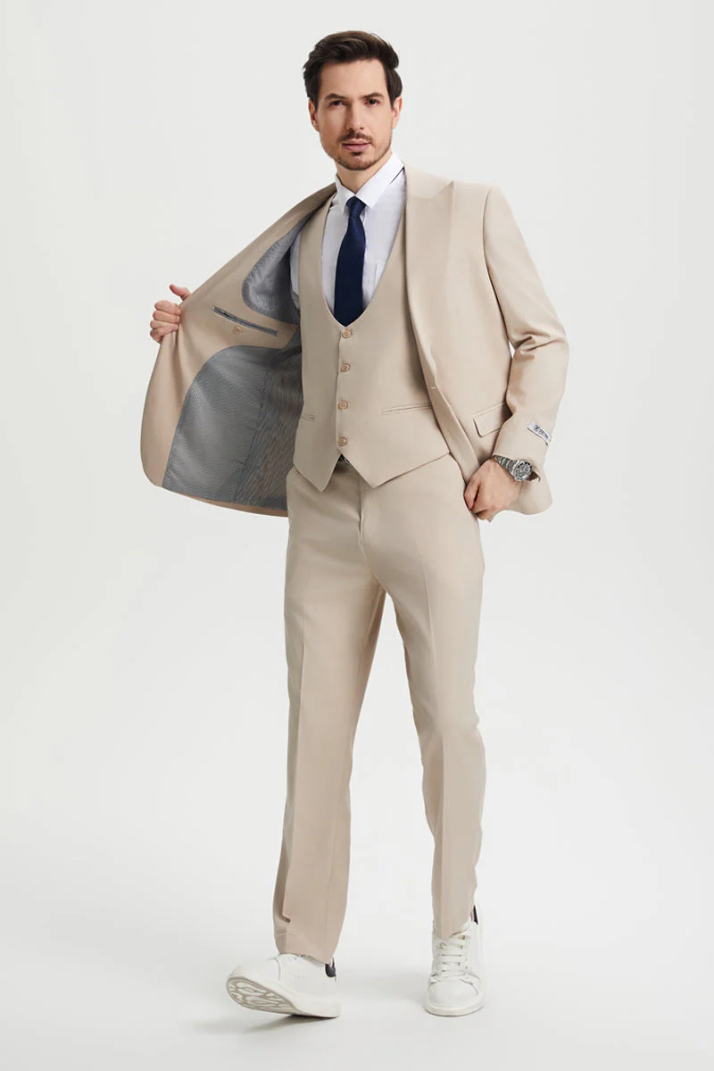 Men's Vested One Button Peak Lapel Stacy Adams Designer Suit in Tan - Image 4