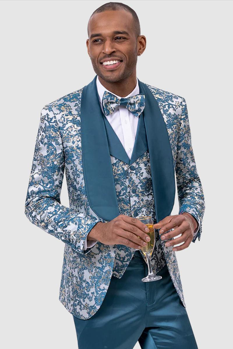 EJ Samuel Men's Teal Paisley Brocade Slim-Fit Tuxedo with Vest