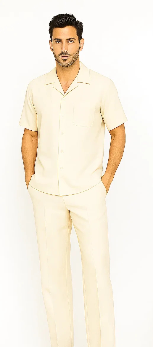 Mens Walking Suit in Color cream leisure suit causal Matching Shirt and Pants $99 - Image 5