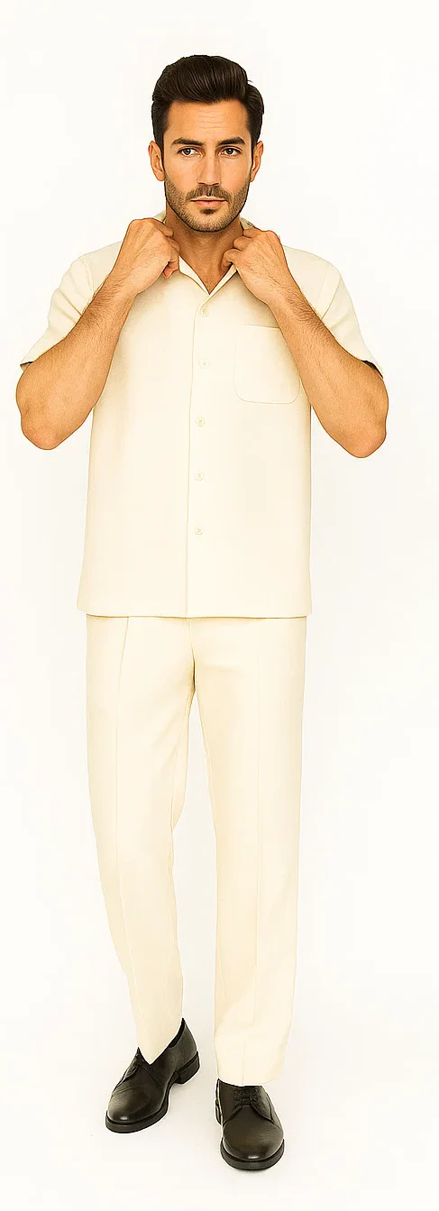 Mens Walking Suit in Color cream leisure suit causal Matching Shirt and Pants $99 - Image 7