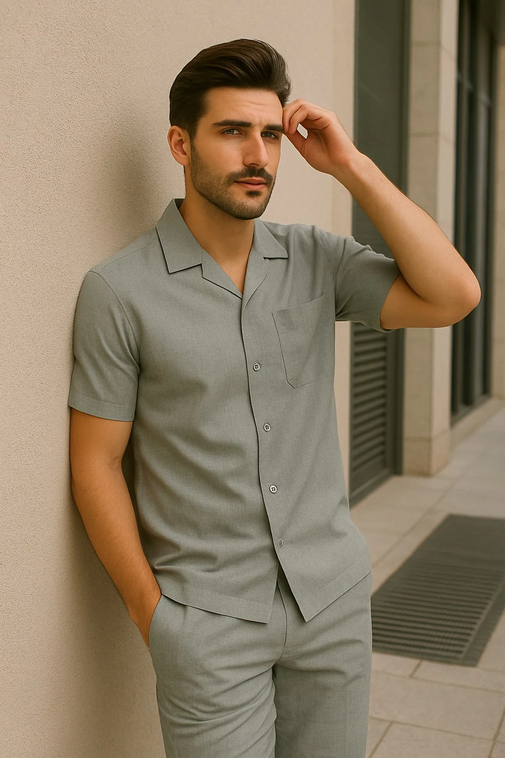 Mens Walking Suits Casual Two Piece Sets Summer Short Sleeve Shirt & Pants Casual Two Piece Mens Walking Outfit For Sale Pant Sets Casual Suit Set Men'S Suit 100% Mens Linen Suit - Fabric – Light Grey - Image 3