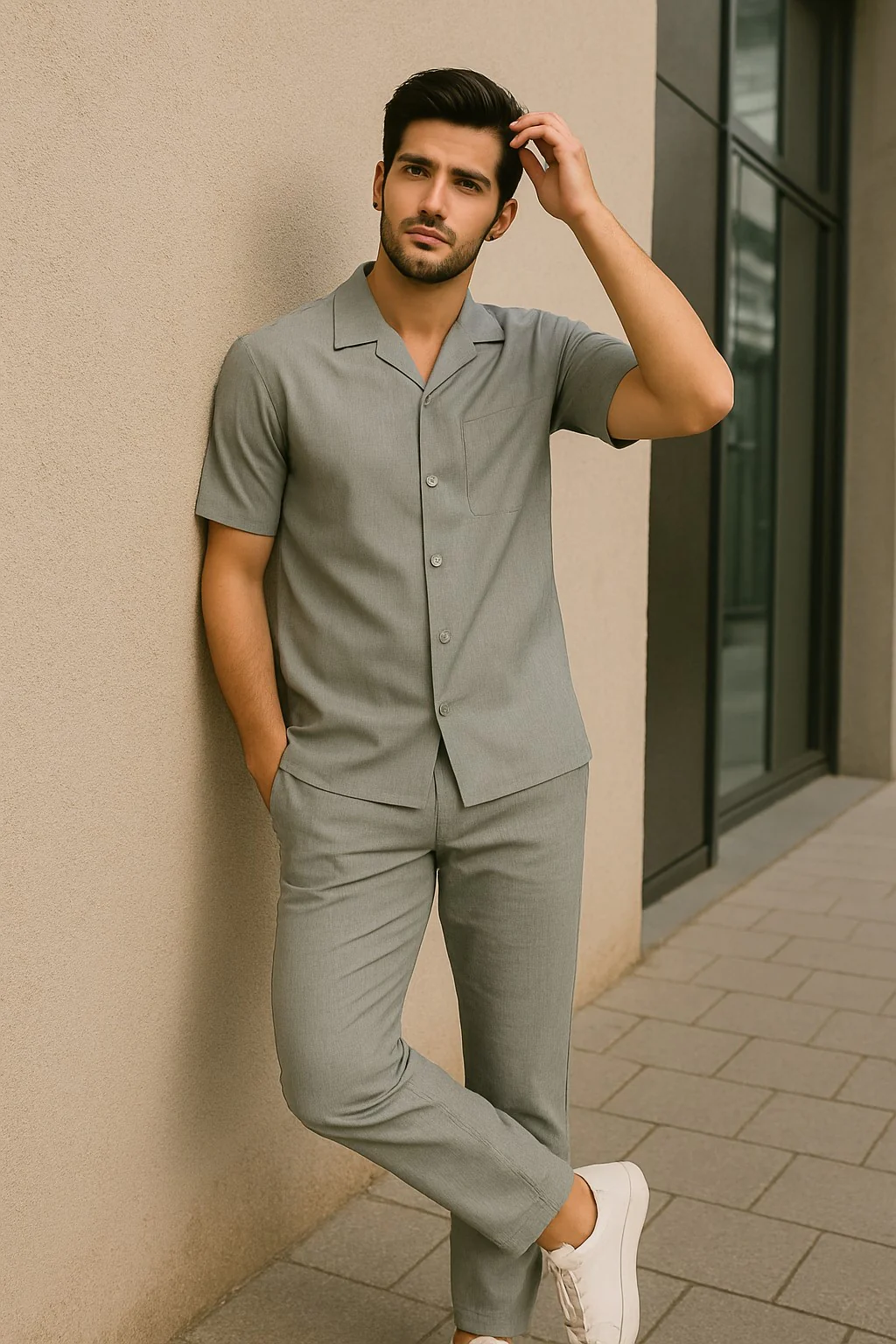 Mens Walking Suits Casual Two Piece Sets Summer Short Sleeve Shirt & Pants Casual Two Piece Mens Walking Outfit For Sale Pant Sets Casual Suit Set Men'S Suit 100% Mens Linen Suit - Fabric – Light Grey - Image 4