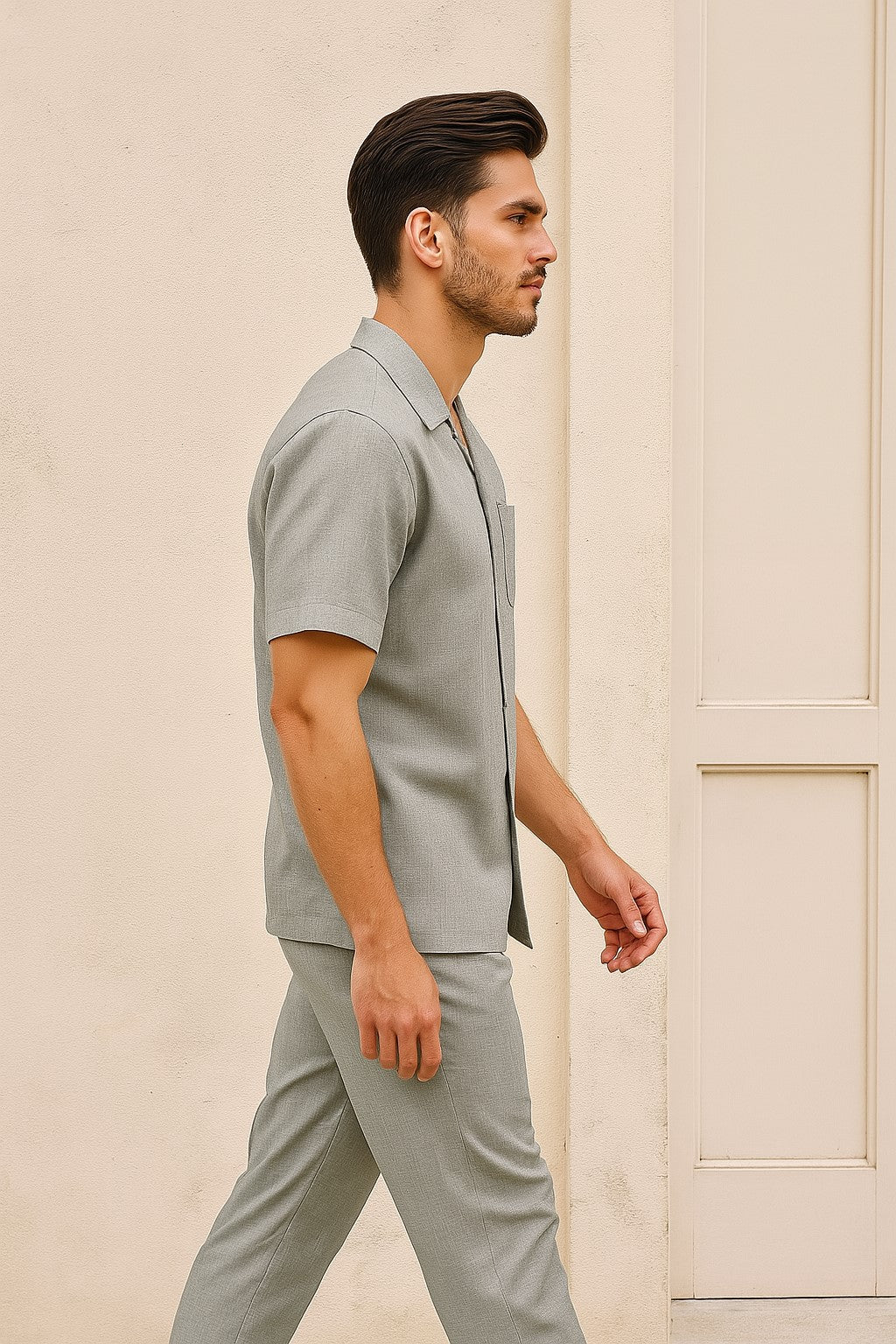 Mens Walking Suits Casual Two Piece Sets Summer Short Sleeve Shirt & Pants Casual Two Piece Mens Walking Outfit For Sale Pant Sets Casual Suit Set Men'S Suit 100% Mens Linen Suit - Fabric – Light Grey - Image 5