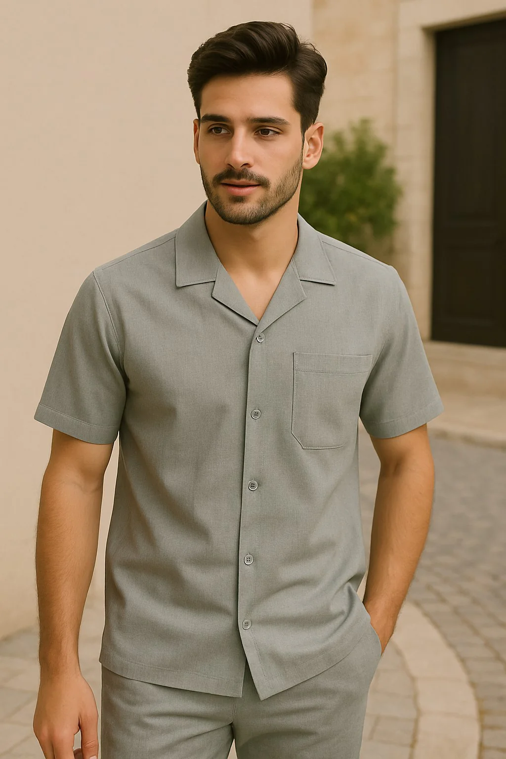Mens Walking Suits Casual Two Piece Sets Summer Short Sleeve Shirt & Pants Casual Two Piece Mens Walking Outfit For Sale Pant Sets Casual Suit Set Men'S Suit 100% Mens Linen Suit - Fabric – Light Grey - Image 6