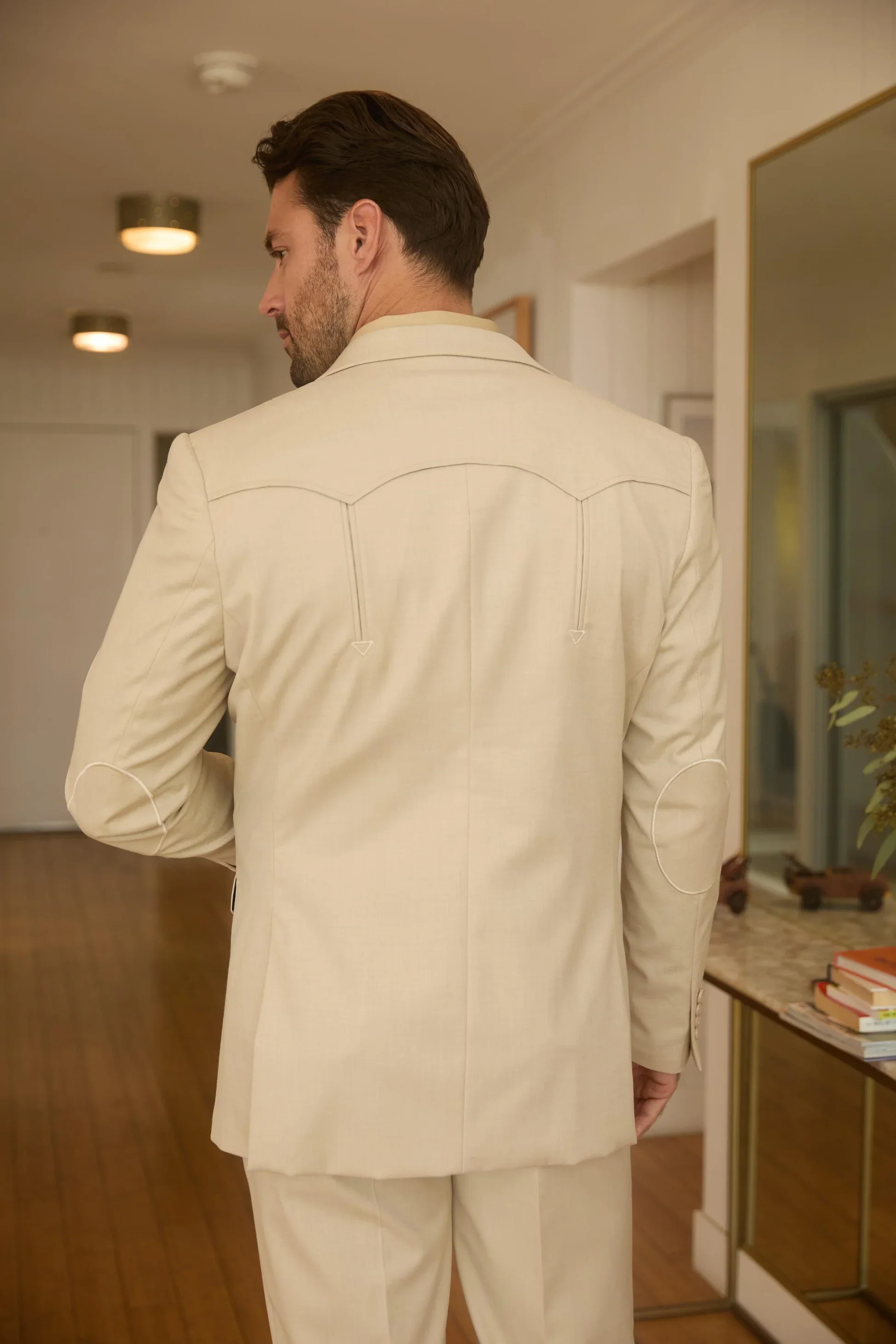 Mens Western Beige Suit with Elbow Patches – Classic Smart Casual Style - Image 2