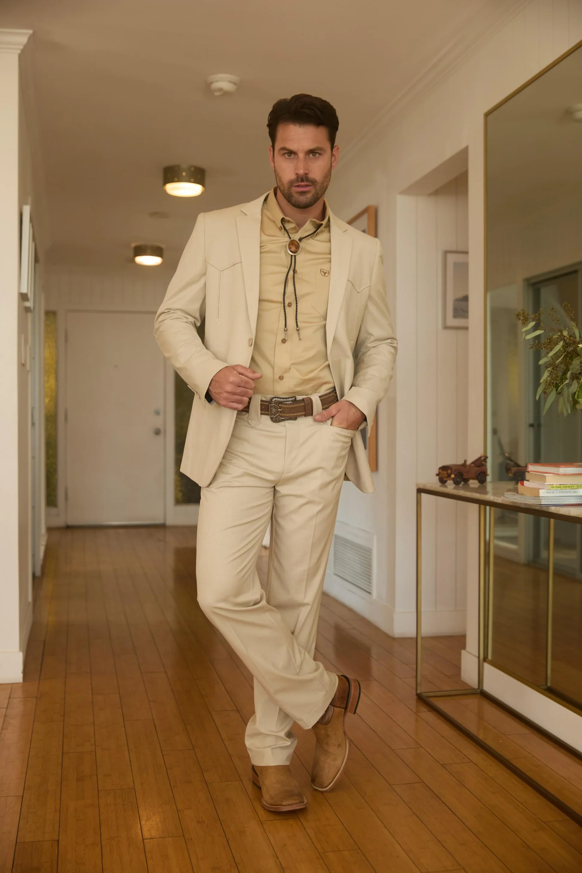 Mens Western Beige Suit with Elbow Patches – Classic Smart Casual Style - Image 8